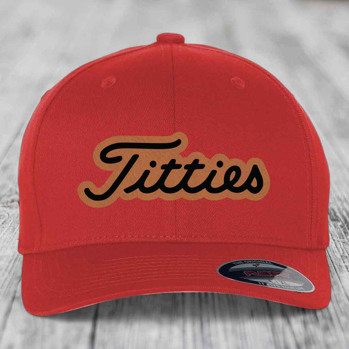 Titties - Leather Patch Hat - Rawhide to Black Patch - Flexfit 6277 Fitted Hat