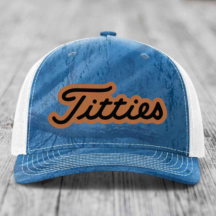 Blue and white trucker hat with &
