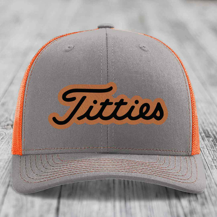 Titties - Leather Patch Hat - Rawhide to Black Patch - Richardson 112 Snapback Trucker Hat