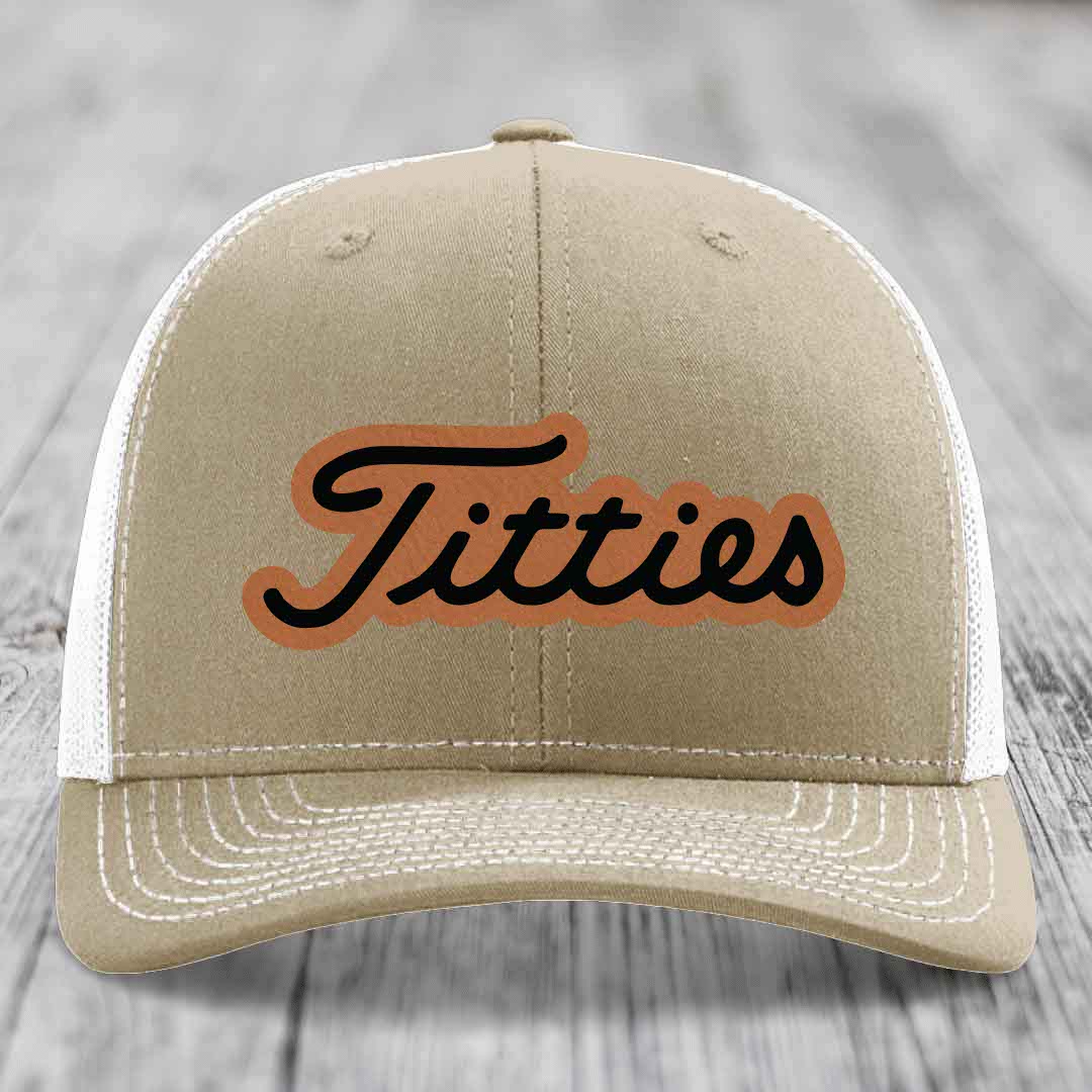 Titties - Leather Patch Hat - Rawhide to Black Patch - Richardson 112 Snapback Trucker Hat