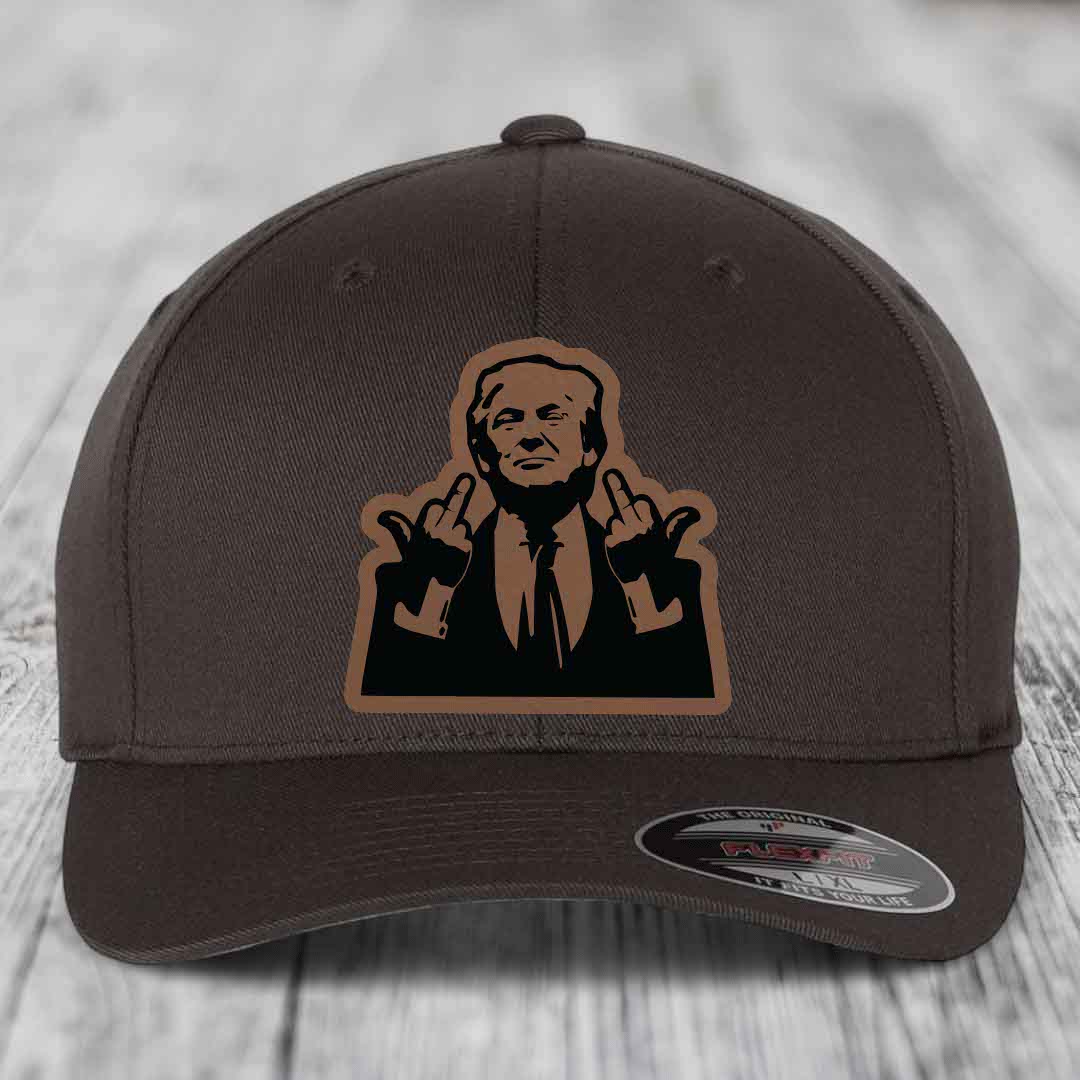 Dark brown Flexfit hat with a tan and black leatherette patch of a man making hand gestures.