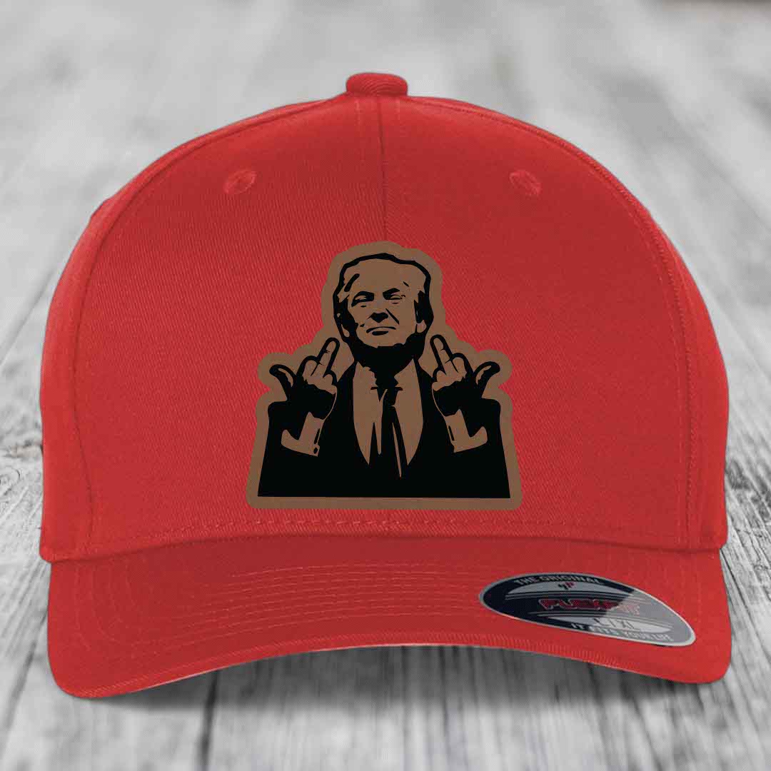 Red baseball cap with a graphic patch of a man making hand gestures.