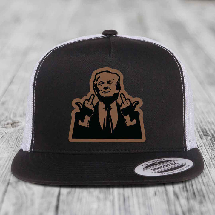 Black and white trucker hat with a brown-outlined graphic of a man making hand gestures.