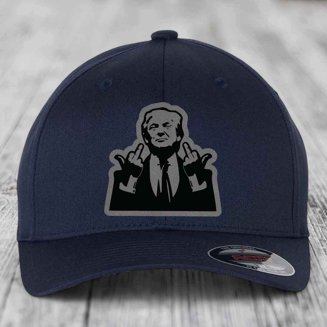 Dark blue baseball cap with a black and grey graphic patch of a man making hand gestures.
