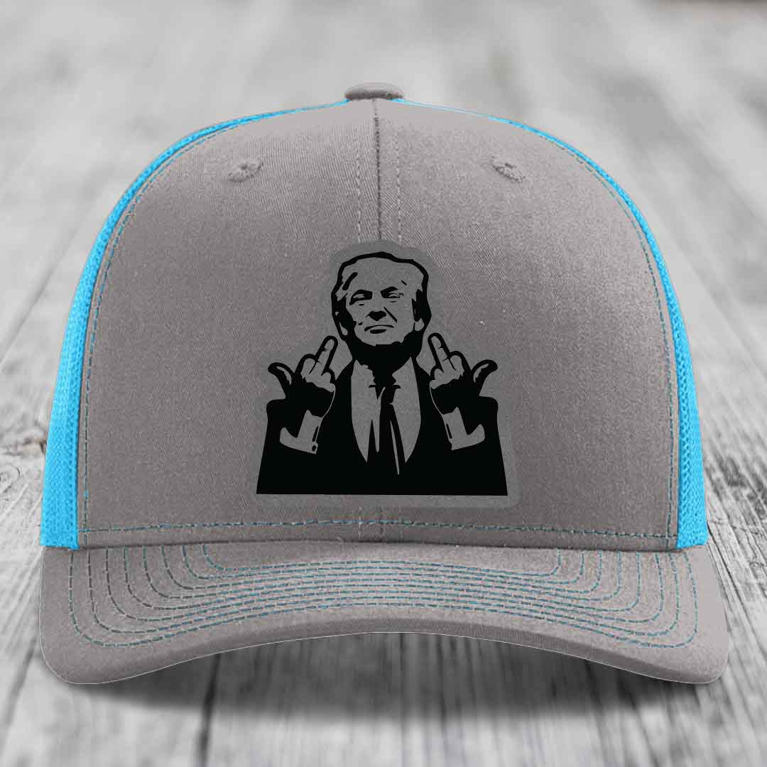 Grey trucker hat with blue mesh sides and a black leather patch of a man making hand gestures.