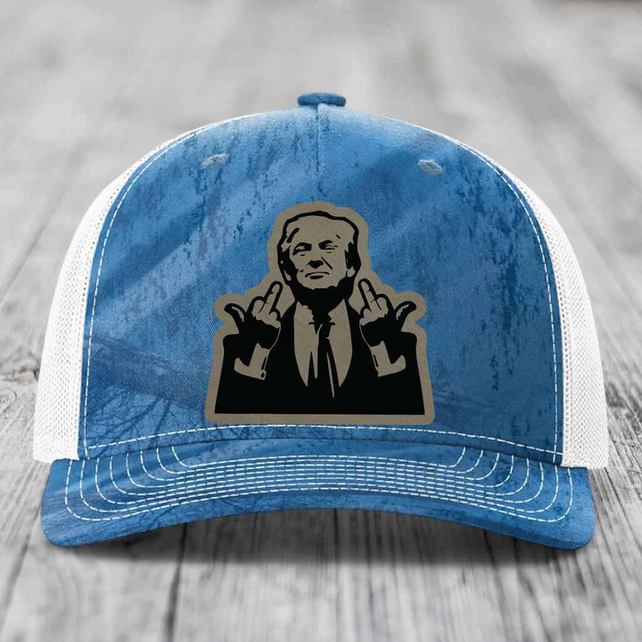 Blue and white trucker hat with a black leather patch of a man making hand gestures.