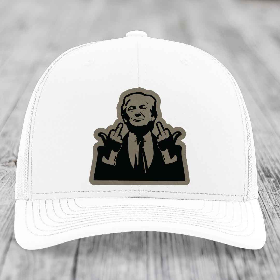 White trucker hat with black and grey patch of man making rude hand gesture