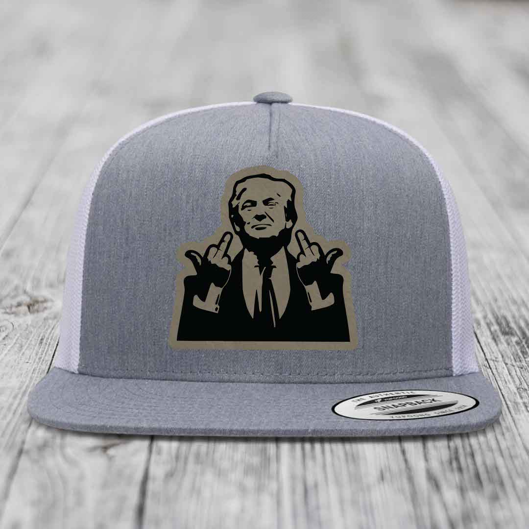 Grey and white trucker hat with a black and tan patch of a man making hand gestures.