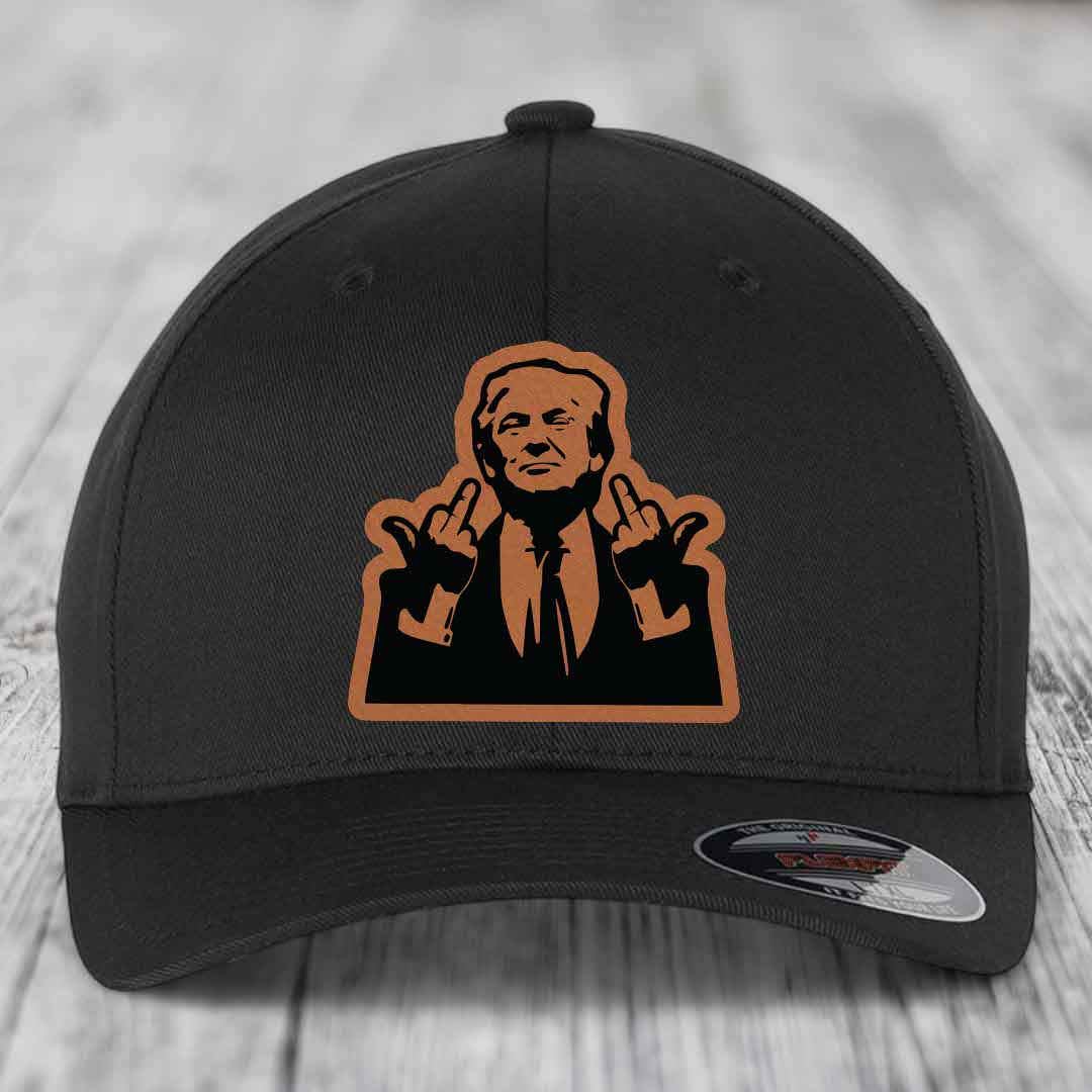 Black baseball cap with orange and black leatherette patch of a man making hand gestures.