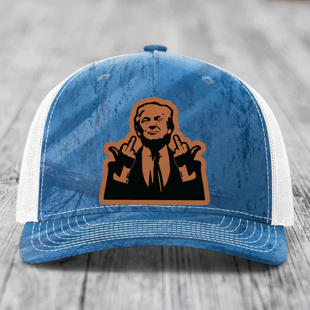 Blue and white trucker hat with a brown leather patch of a man making rude hand gestures.