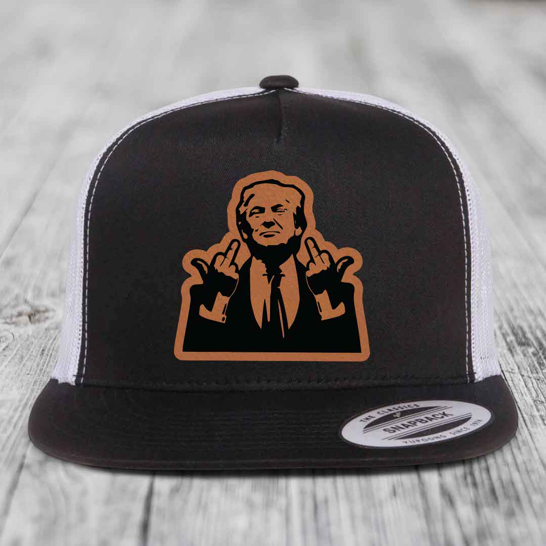 Black and white trucker hat with orange-bordered patch of man making rude hand gestures.