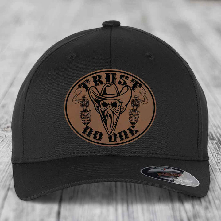 Trust No One - Leather Patch Hat - Dark Brown to Black Patch - Flexfit 6277 Fitted Hat