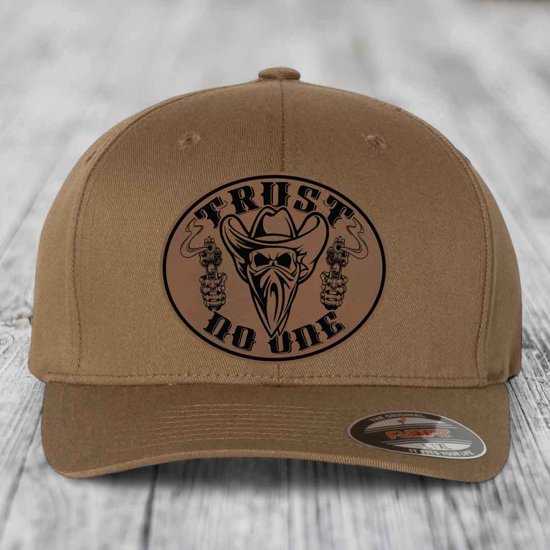 Trust No One - Leather Patch Hat - Dark Brown to Black Patch - Flexfit 6277 Fitted Hat