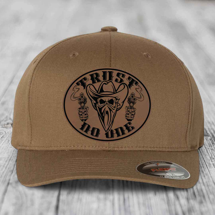 Trust No One - Leather Patch Hat - Dark Brown to Black Patch - Flexfit 6277 Fitted Hat