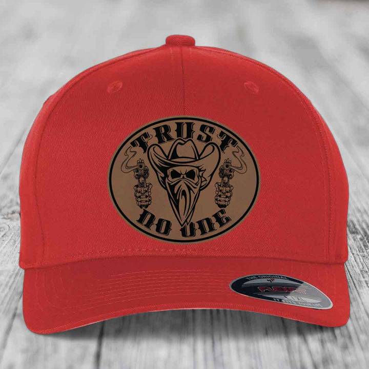 Trust No One - Leather Patch Hat - Dark Brown to Black Patch - Flexfit 6277 Fitted Hat