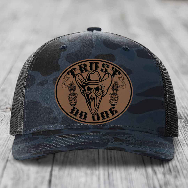 Trust No One - Leather Patch Hat - Dark Brown to Black Patch - Richardson 112PFP Snapback Trucker Hat