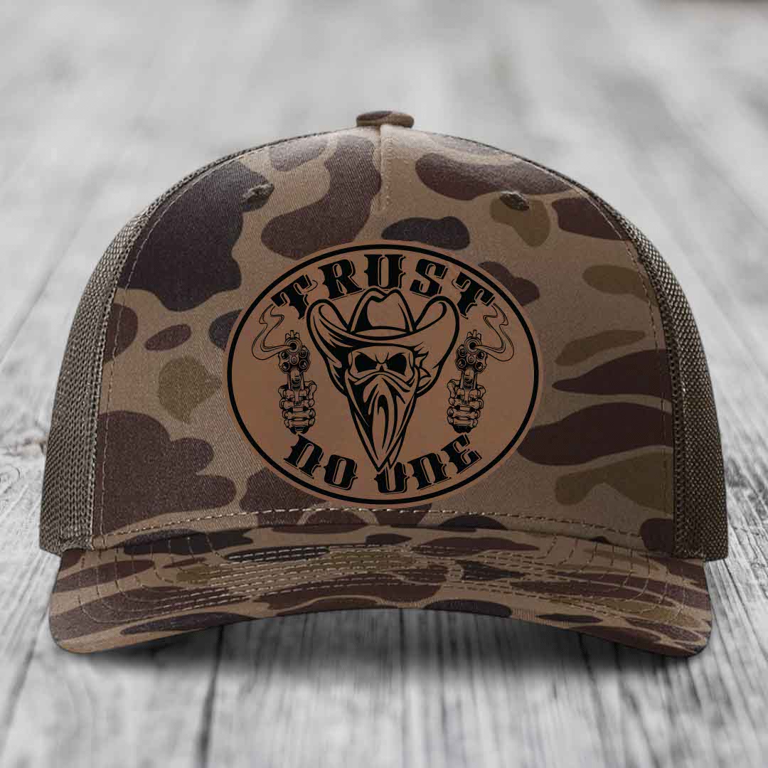 Trust No One - Leather Patch Hat - Dark Brown to Black Patch - Richardson 112PFP Snapback Trucker Hat