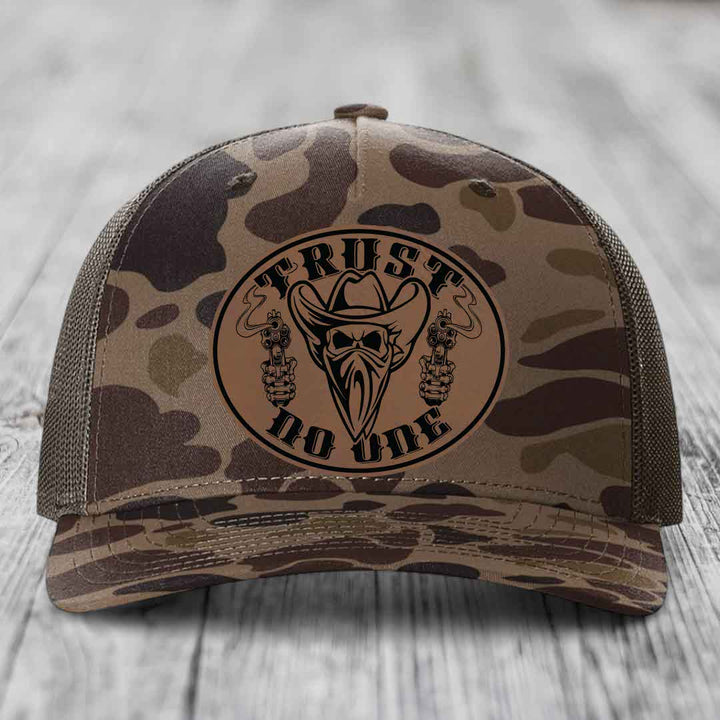 Trust No One - Leather Patch Hat - Dark Brown to Black Patch - Richardson 112PFP Snapback Trucker Hat