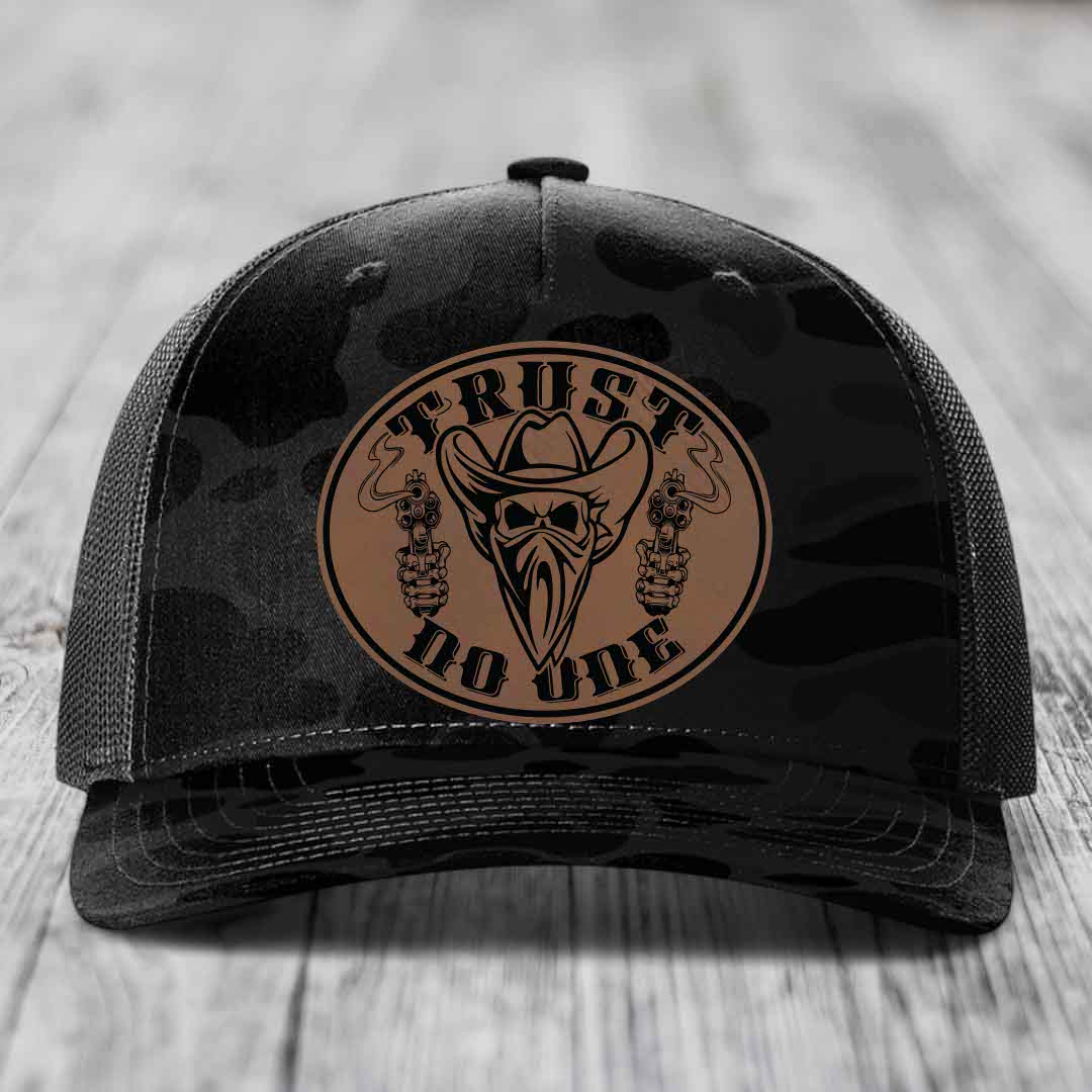 Trust No One - Leather Patch Hat - Dark Brown to Black Patch - Richardson 112PFP Snapback Trucker Hat