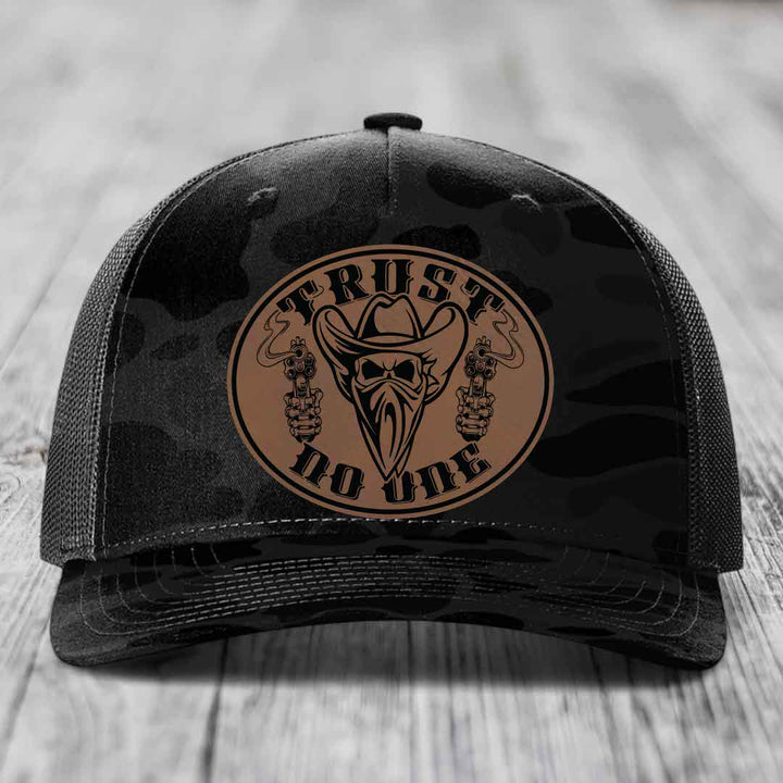 Trust No One - Leather Patch Hat - Dark Brown to Black Patch - Richardson 112PFP Snapback Trucker Hat