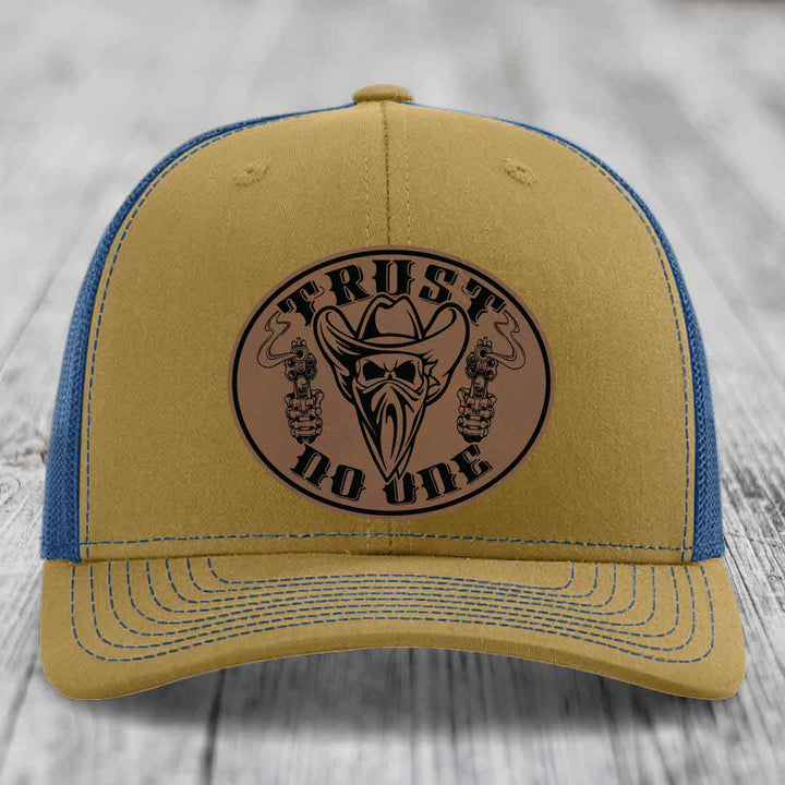 Trust No One - Leather Patch Hat - Dark Brown to Black Patch - Richardson 112 Snapback Trucker Hat