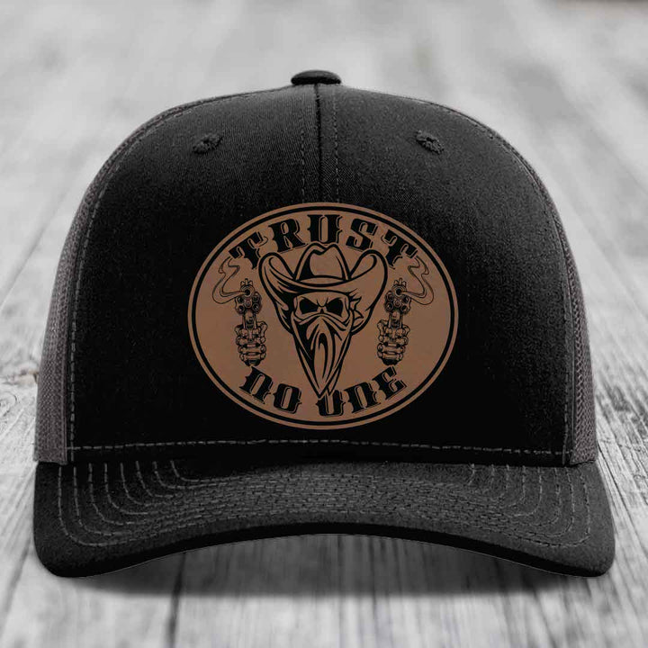 Trust No One - Leather Patch Hat - Dark Brown to Black Patch - Richardson 112 Snapback Trucker Hat