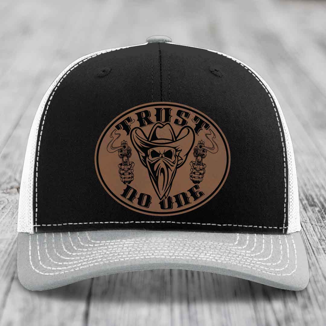 Trust No One - Leather Patch Hat - Dark Brown to Black Patch - Richardson 112 Snapback Trucker Hat