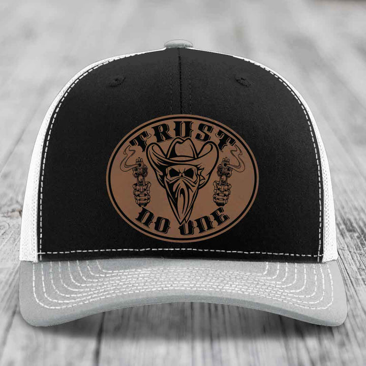 Trust No One - Leather Patch Hat - Dark Brown to Black Patch - Richardson 112 Snapback Trucker Hat