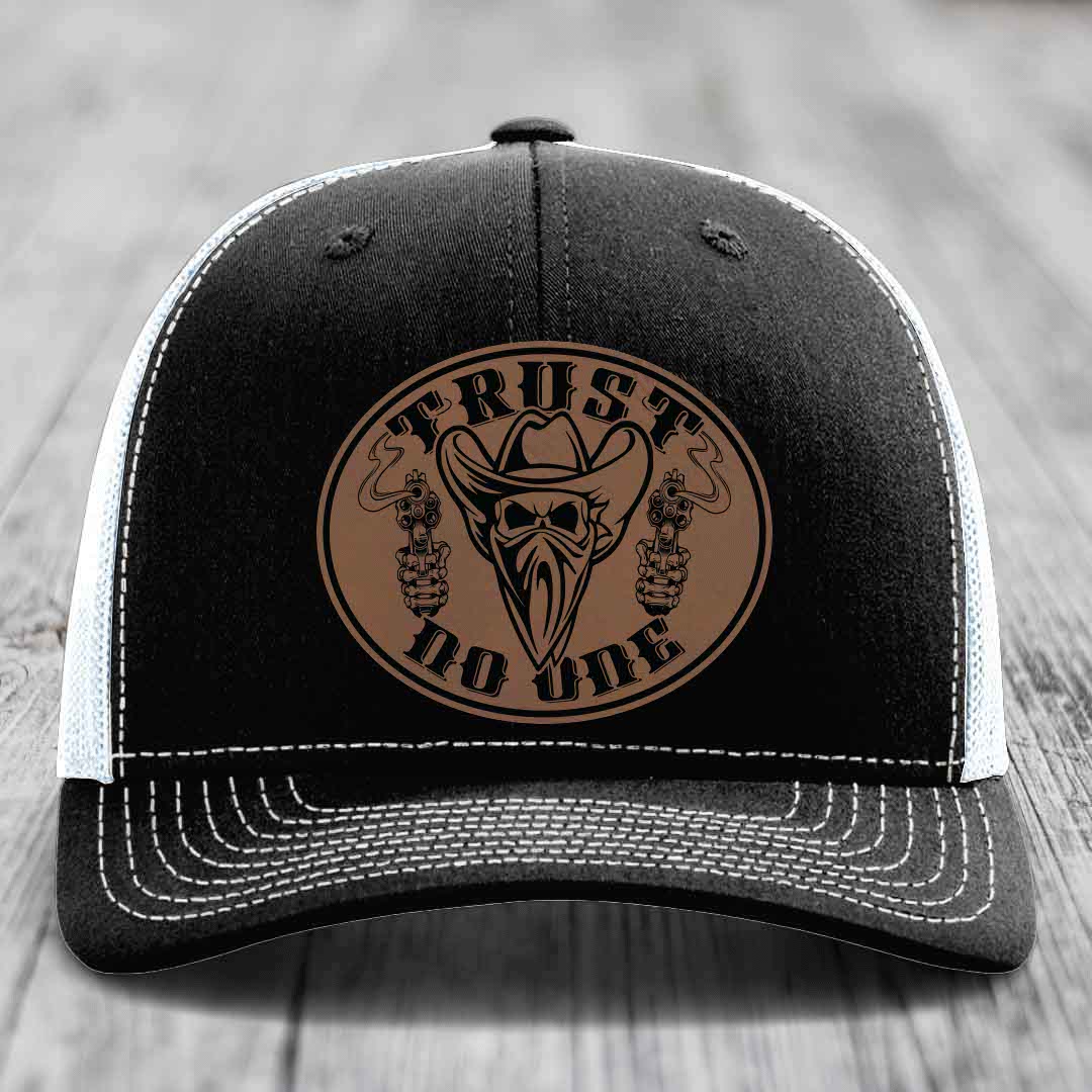 Trust No One - Leather Patch Hat - Dark Brown to Black Patch - Richardson 112 Snapback Trucker Hat