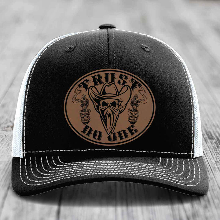 Trust No One - Leather Patch Hat - Dark Brown to Black Patch - Richardson 112 Snapback Trucker Hat