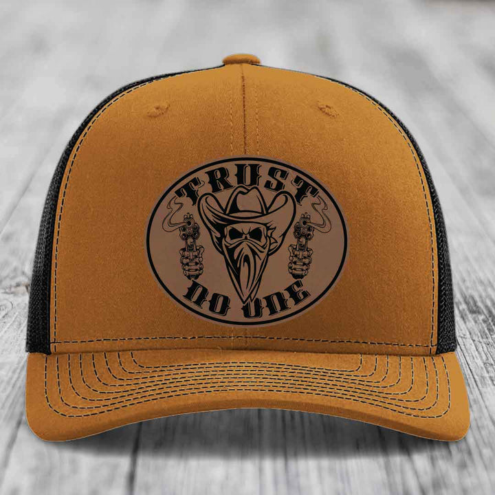 Trust No One - Leather Patch Hat - Dark Brown to Black Patch - Richardson 112 Snapback Trucker Hat