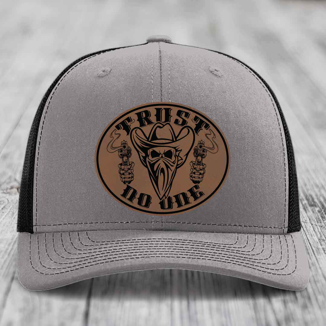 Trust No One - Leather Patch Hat - Dark Brown to Black Patch - Richardson 112 Snapback Trucker Hat