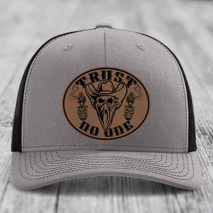 Trust No One - Leather Patch Hat - Dark Brown to Black Patch - Richardson 112 Snapback Trucker Hat