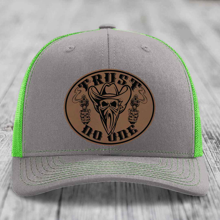 Trust No One - Leather Patch Hat - Dark Brown to Black Patch - Richardson 112 Snapback Trucker Hat