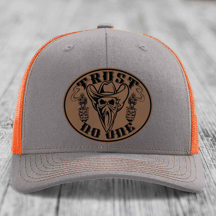 Trust No One - Leather Patch Hat - Dark Brown to Black Patch - Richardson 112 Snapback Trucker Hat