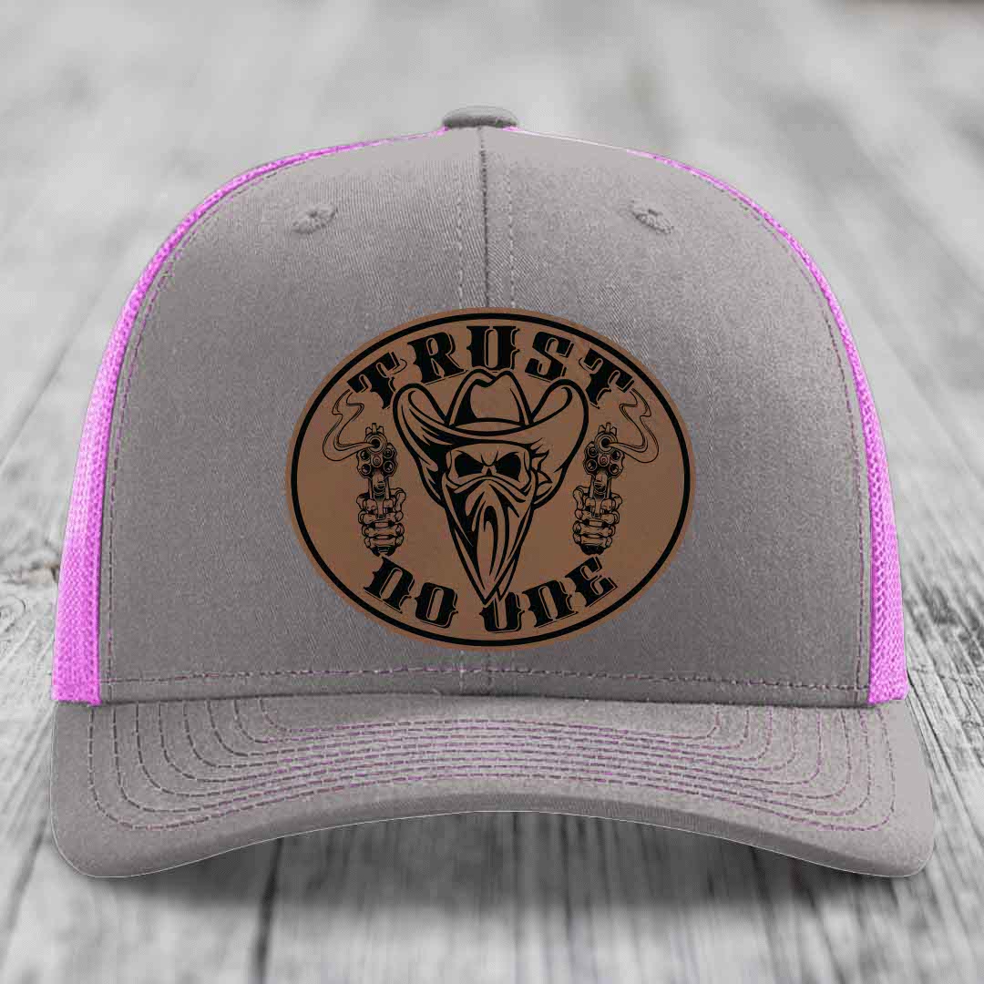 Trust No One - Leather Patch Hat - Dark Brown to Black Patch - Richardson 112 Snapback Trucker Hat