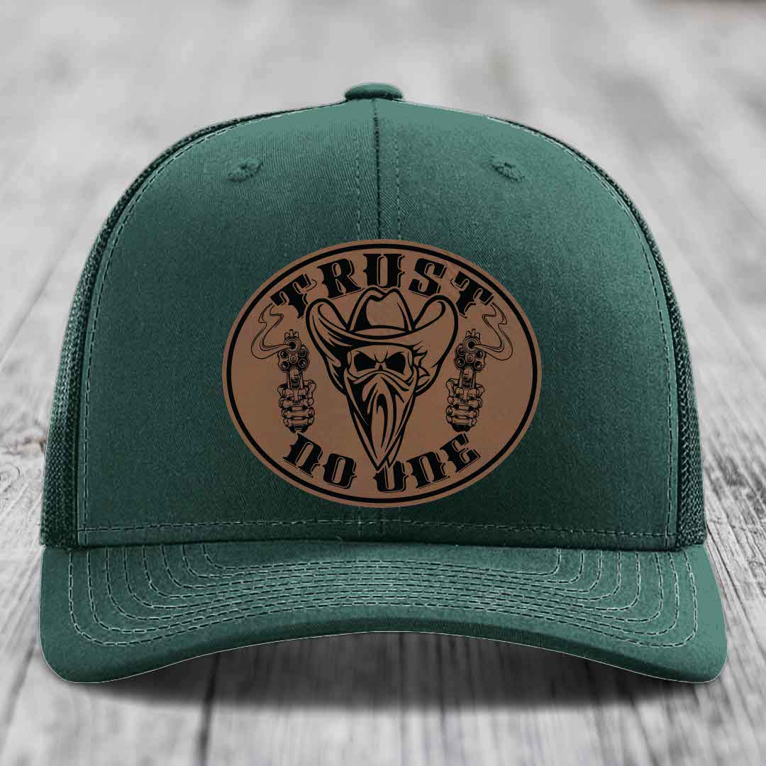 Trust No One - Leather Patch Hat - Dark Brown to Black Patch - Richardson 112 Snapback Trucker Hat
