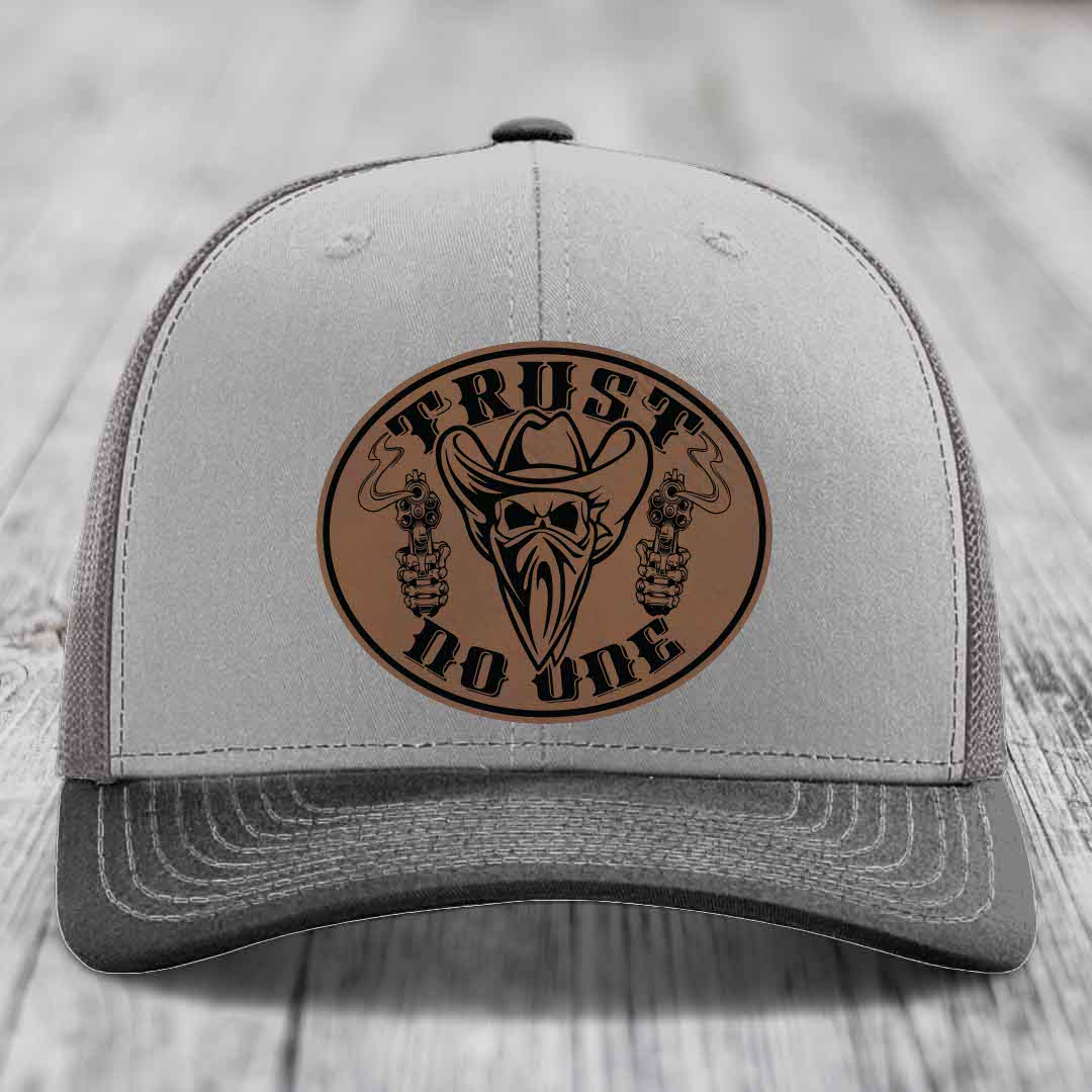 Trust No One - Leather Patch Hat - Dark Brown to Black Patch - Richardson 112 Snapback Trucker Hat
