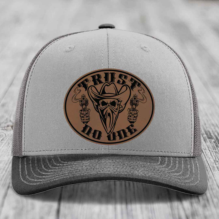 Trust No One - Leather Patch Hat - Dark Brown to Black Patch - Richardson 112 Snapback Trucker Hat