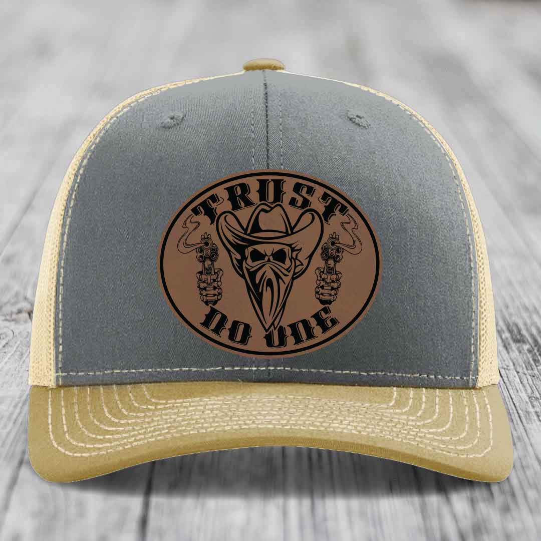 Trust No One - Leather Patch Hat - Dark Brown to Black Patch - Richardson 112 Snapback Trucker Hat