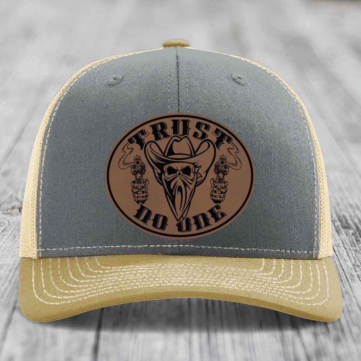 Trust No One - Leather Patch Hat - Dark Brown to Black Patch - Richardson 112 Snapback Trucker Hat