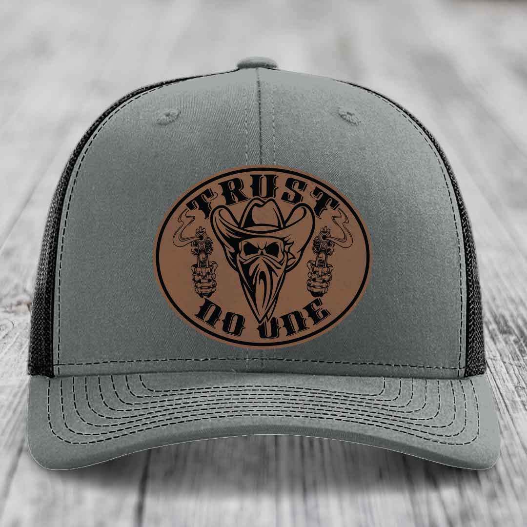 Trust No One - Leather Patch Hat - Dark Brown to Black Patch - Richardson 112 Snapback Trucker Hat