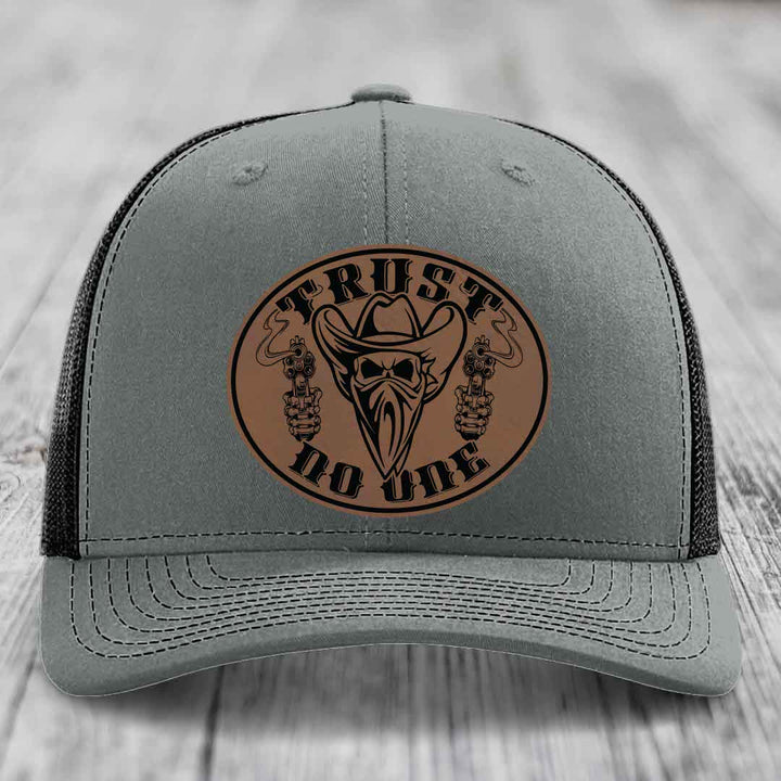 Trust No One - Leather Patch Hat - Dark Brown to Black Patch - Richardson 112 Snapback Trucker Hat