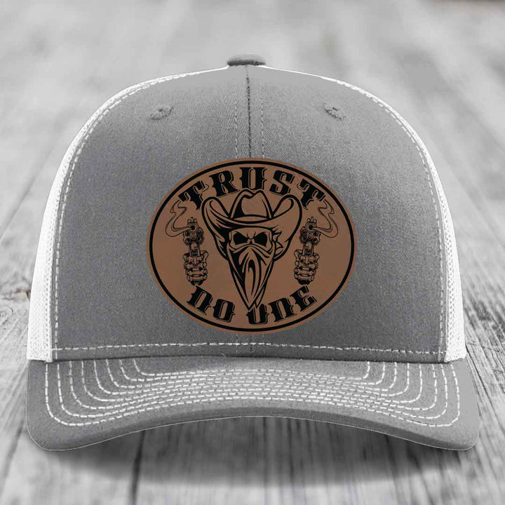 Trust No One - Leather Patch Hat - Dark Brown to Black Patch - Richardson 112 Snapback Trucker Hat
