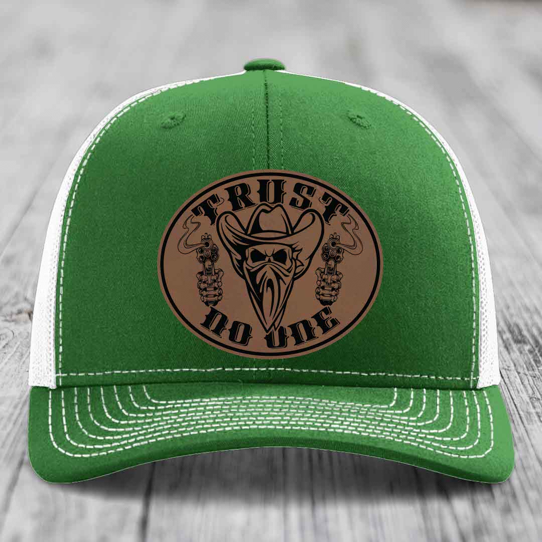 Trust No One - Leather Patch Hat - Dark Brown to Black Patch - Richardson 112 Snapback Trucker Hat