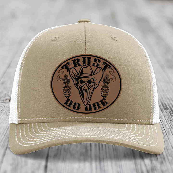 Trust No One - Leather Patch Hat - Dark Brown to Black Patch - Richardson 112 Snapback Trucker Hat