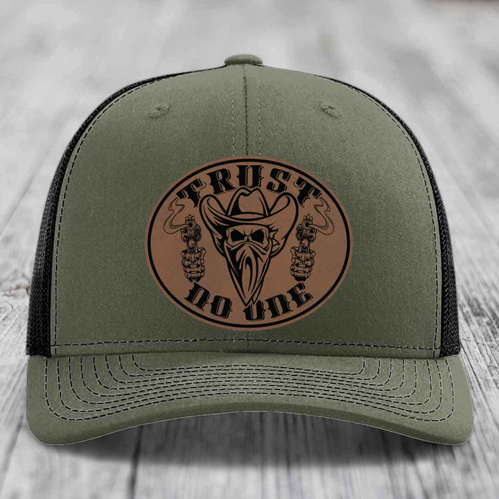 Trust No One - Leather Patch Hat - Dark Brown to Black Patch - Richardson 112 Snapback Trucker Hat