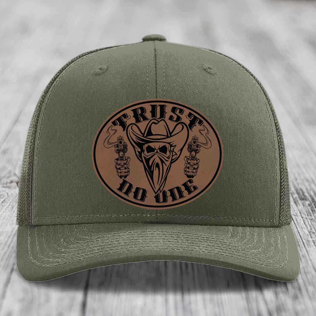 Trust No One - Leather Patch Hat - Dark Brown to Black Patch - Richardson 112 Snapback Trucker Hat