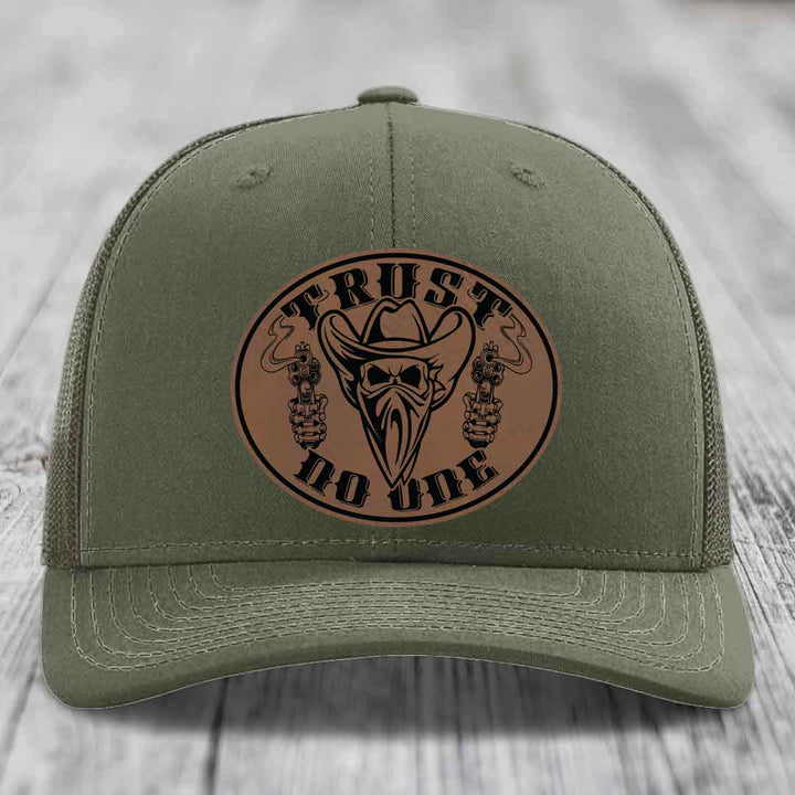 Trust No One - Leather Patch Hat - Dark Brown to Black Patch - Richardson 112 Snapback Trucker Hat