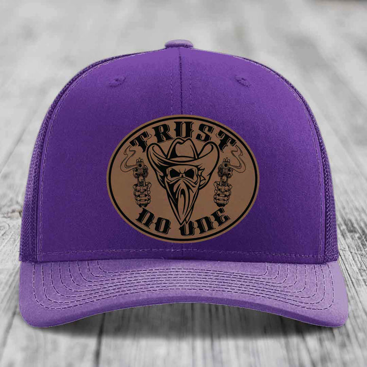 Trust No One - Leather Patch Hat - Dark Brown to Black Patch - Richardson 112 Snapback Trucker Hat